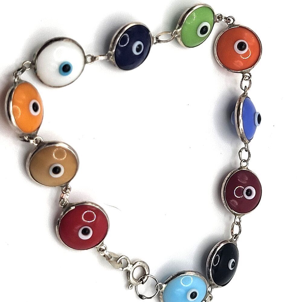 Beautiful Multicolor Evil Eye Sterling Silver Bracelet 7.5in